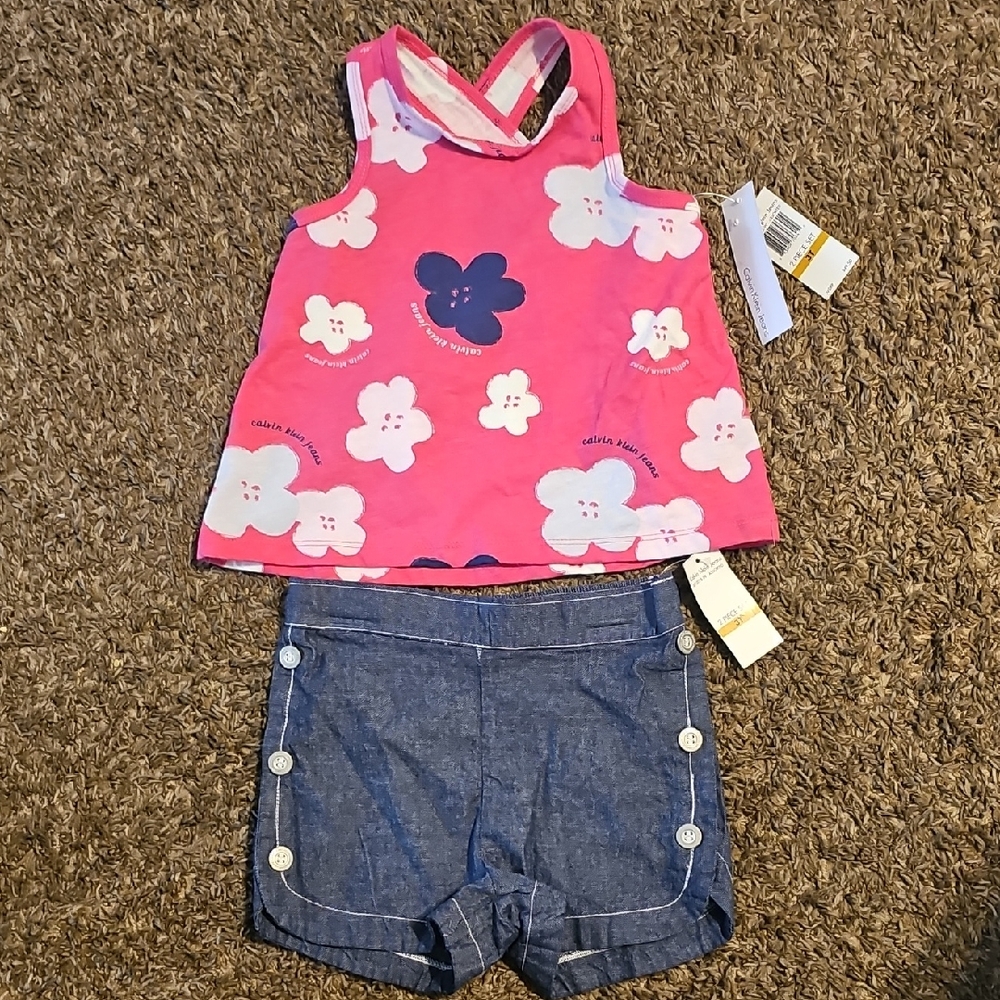 Calvin KLEIN Pink Floral Top and Blue Shorts Set
